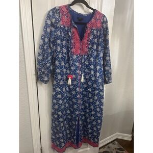 J.Crew Re-Imagined Blue Floral Embroidered Tassel Midi Dress XS Boho Pink Trim